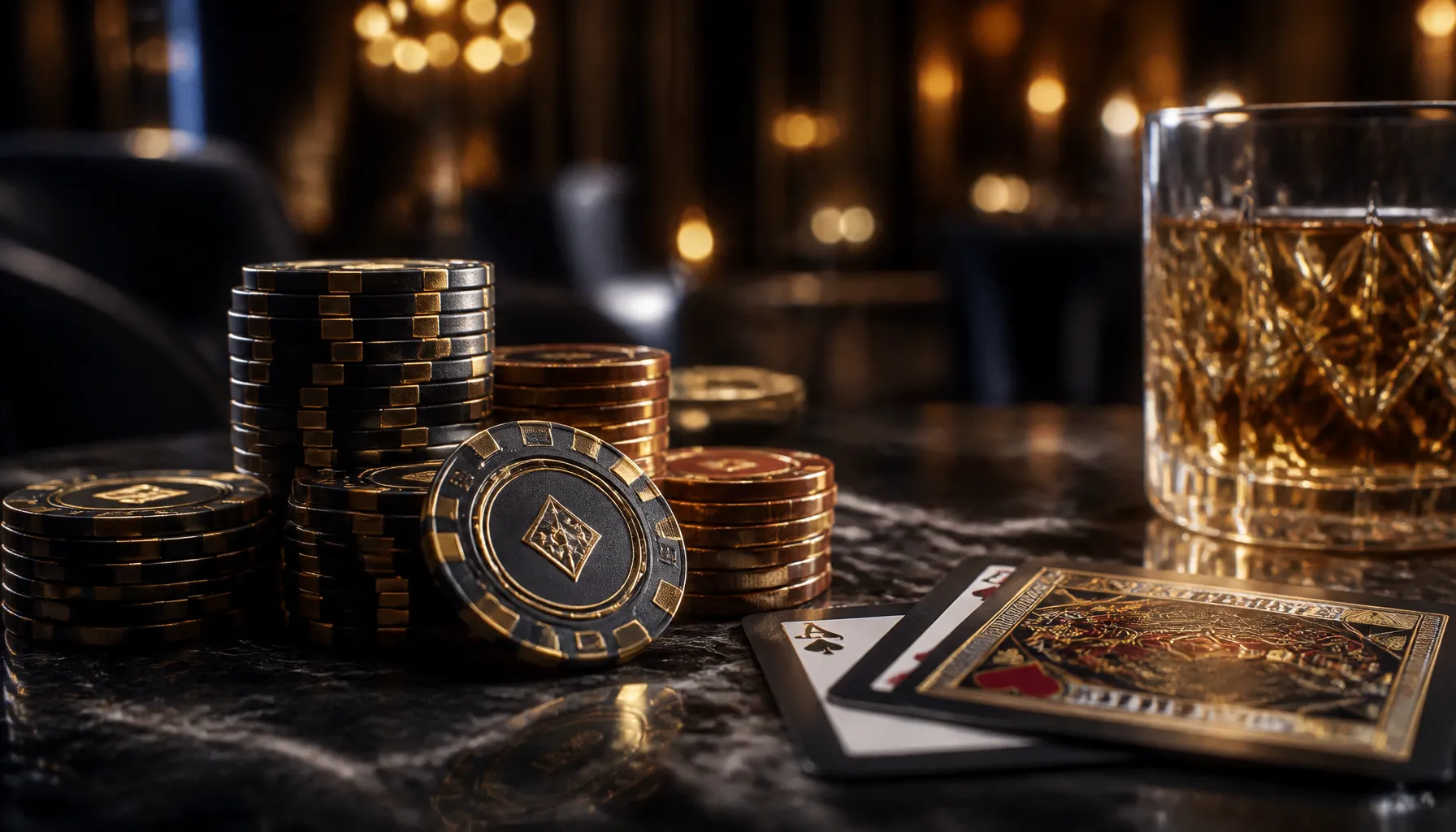 Close-up of premium gold casino chips stacked on rough granite stone surface with dramatic warm cinematic lighting