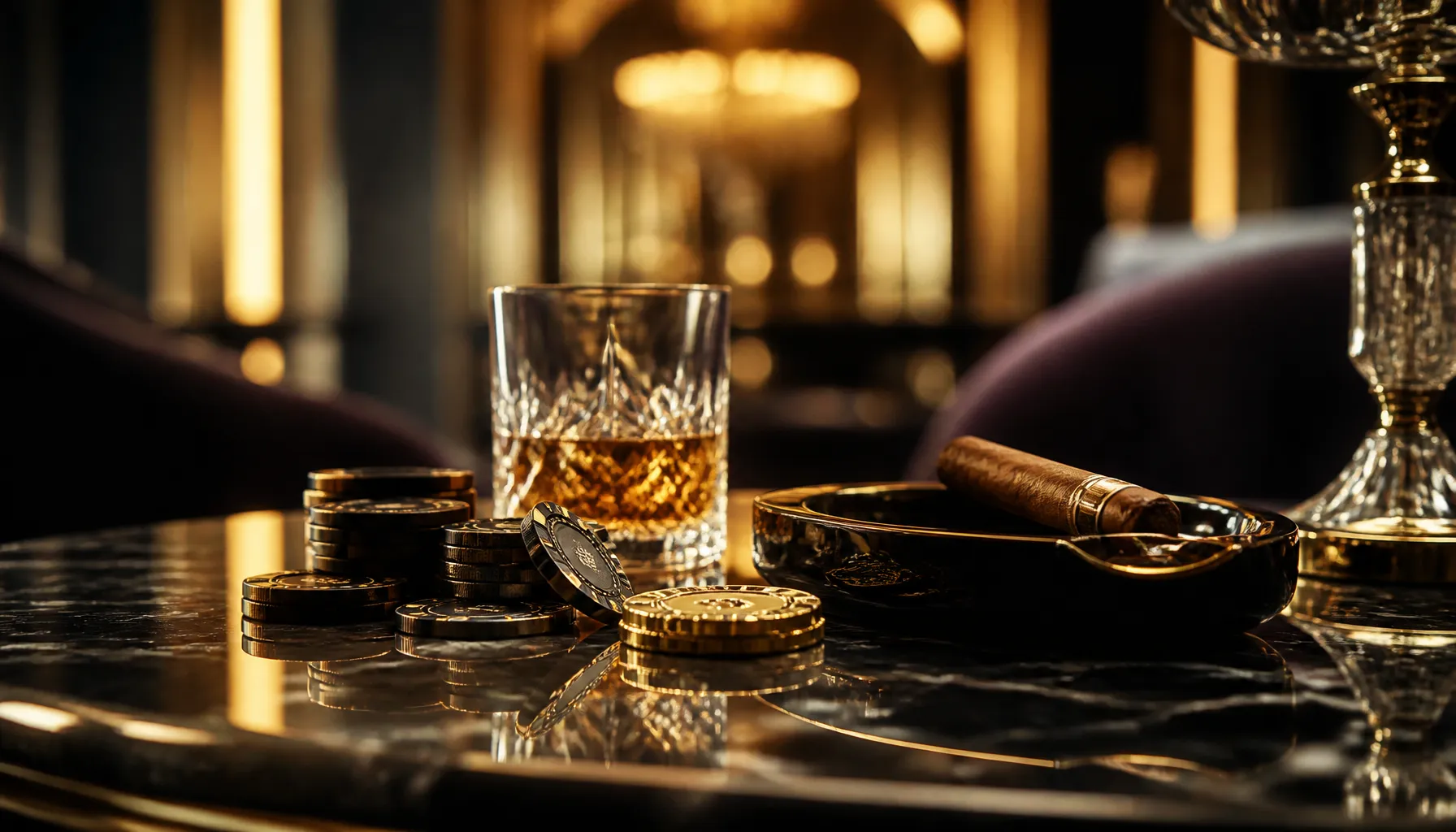 Close-up of premium gold casino chips stacked on rough granite stone surface with dramatic warm cinematic lighting