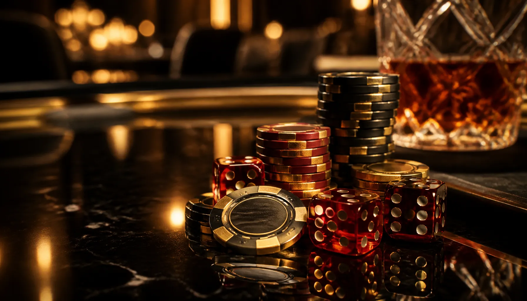 Close-up of premium gold casino chips stacked on rough granite stone surface with dramatic warm cinematic lighting