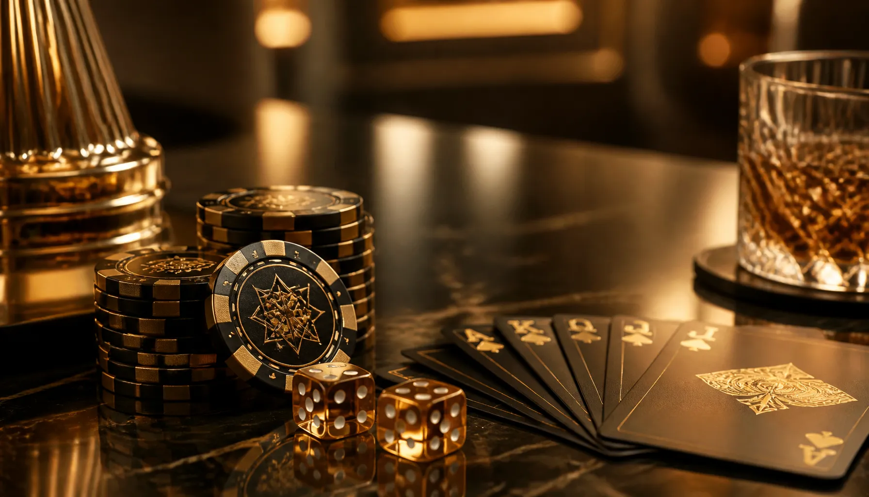Close-up of premium gold casino chips stacked on rough granite stone surface with dramatic warm cinematic lighting