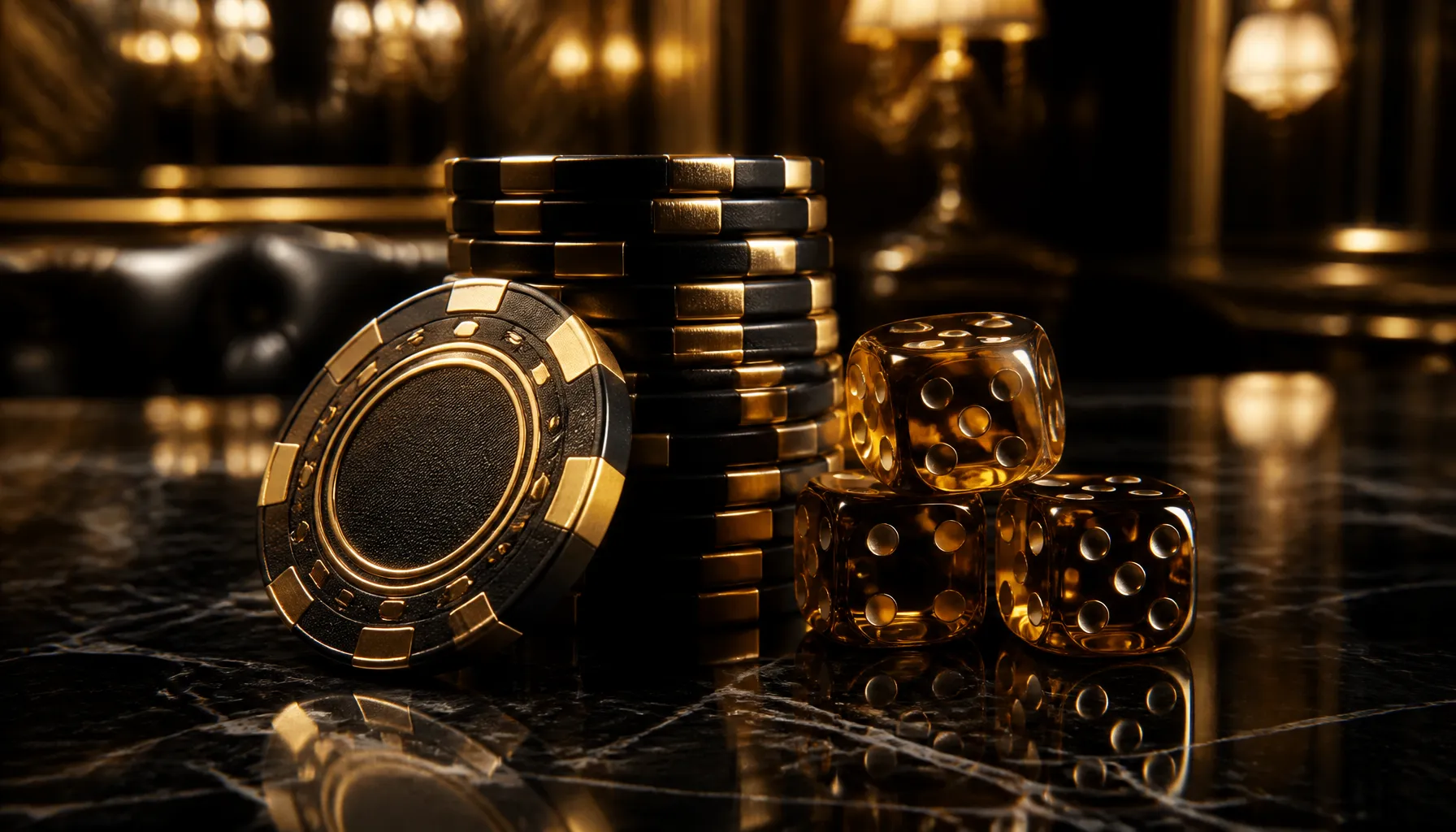 Close-up of premium gold casino chips stacked on rough granite stone surface with dramatic warm cinematic lighting