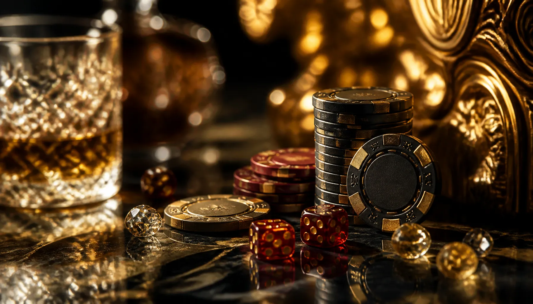 Close-up of premium gold casino chips stacked on rough granite stone surface with dramatic warm cinematic lighting