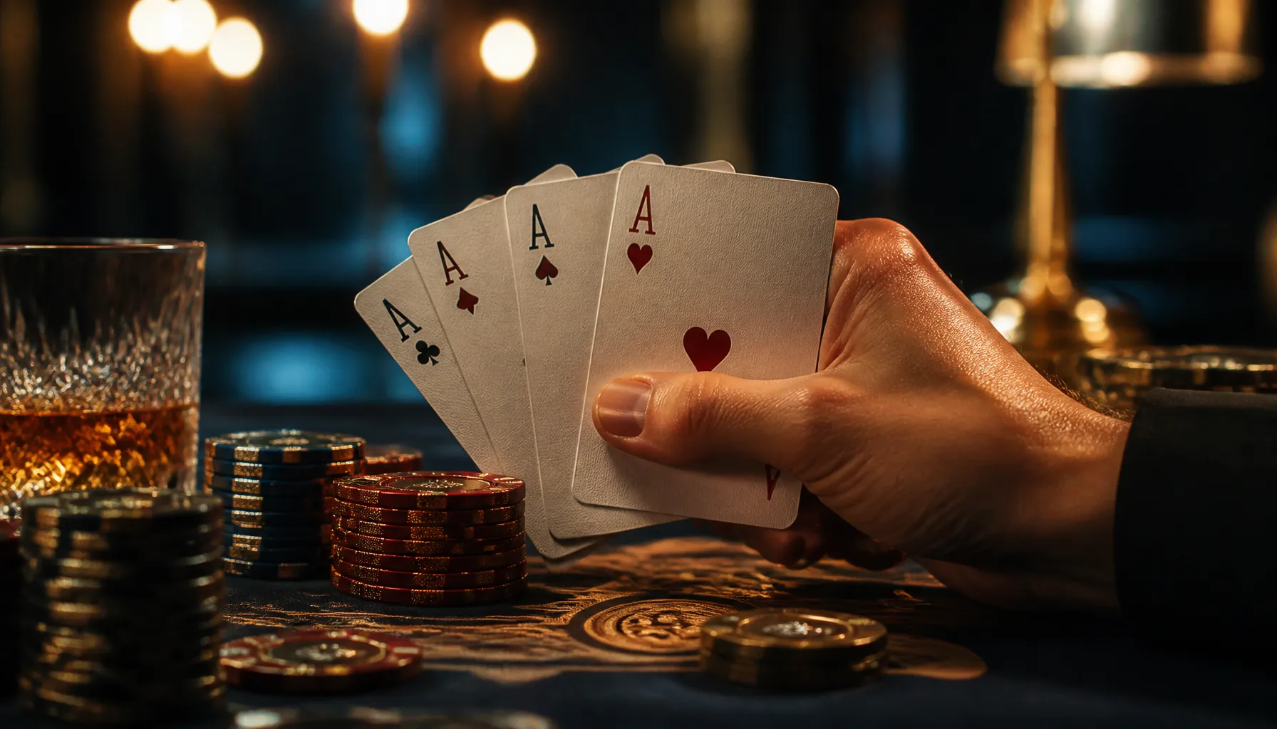Close-up of premium gold casino chips stacked on rough granite stone surface with dramatic warm cinematic lighting