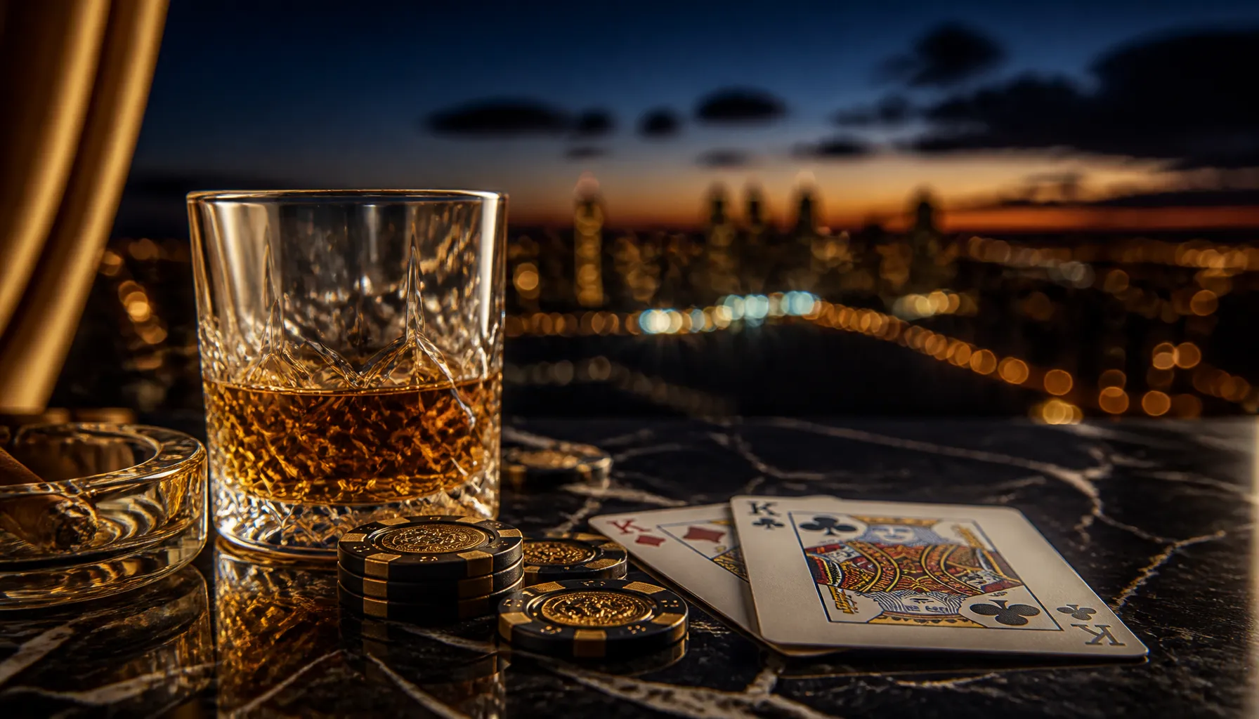 Close-up of premium gold casino chips stacked on rough granite stone surface with dramatic warm cinematic lighting
