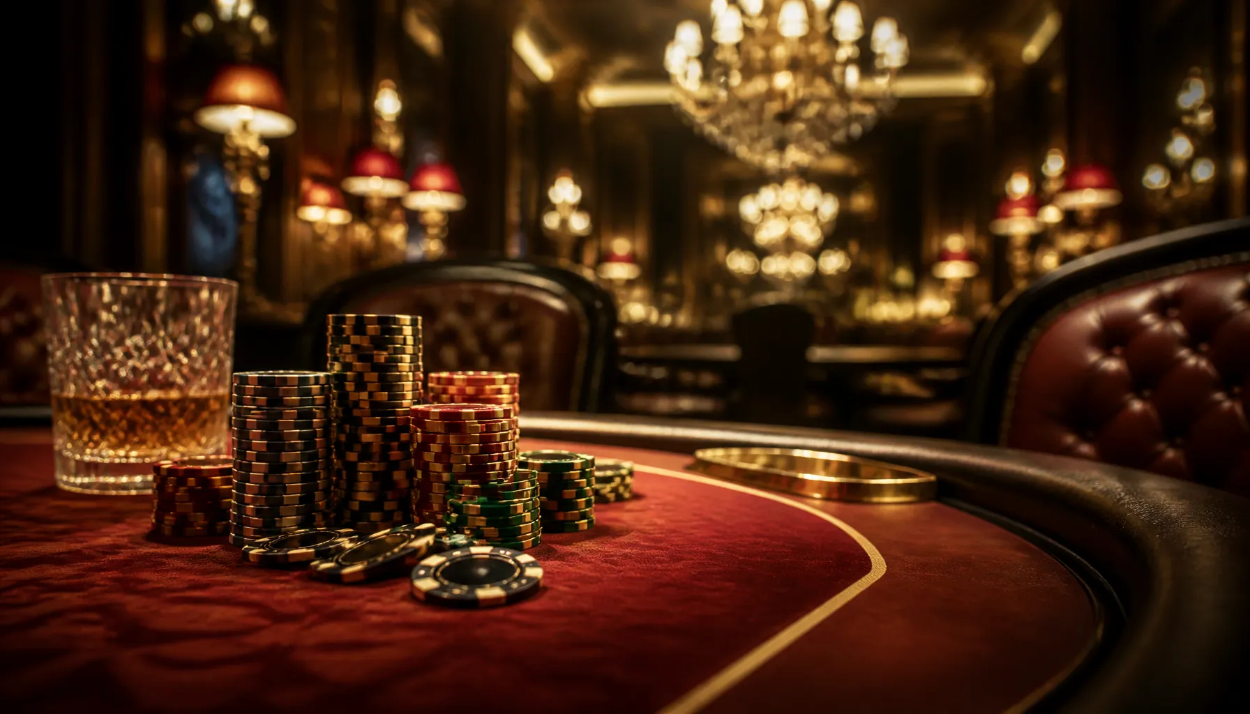 Close-up of ancient stone surface with scattered gold coins and glinting gemstones under warm cinematic light