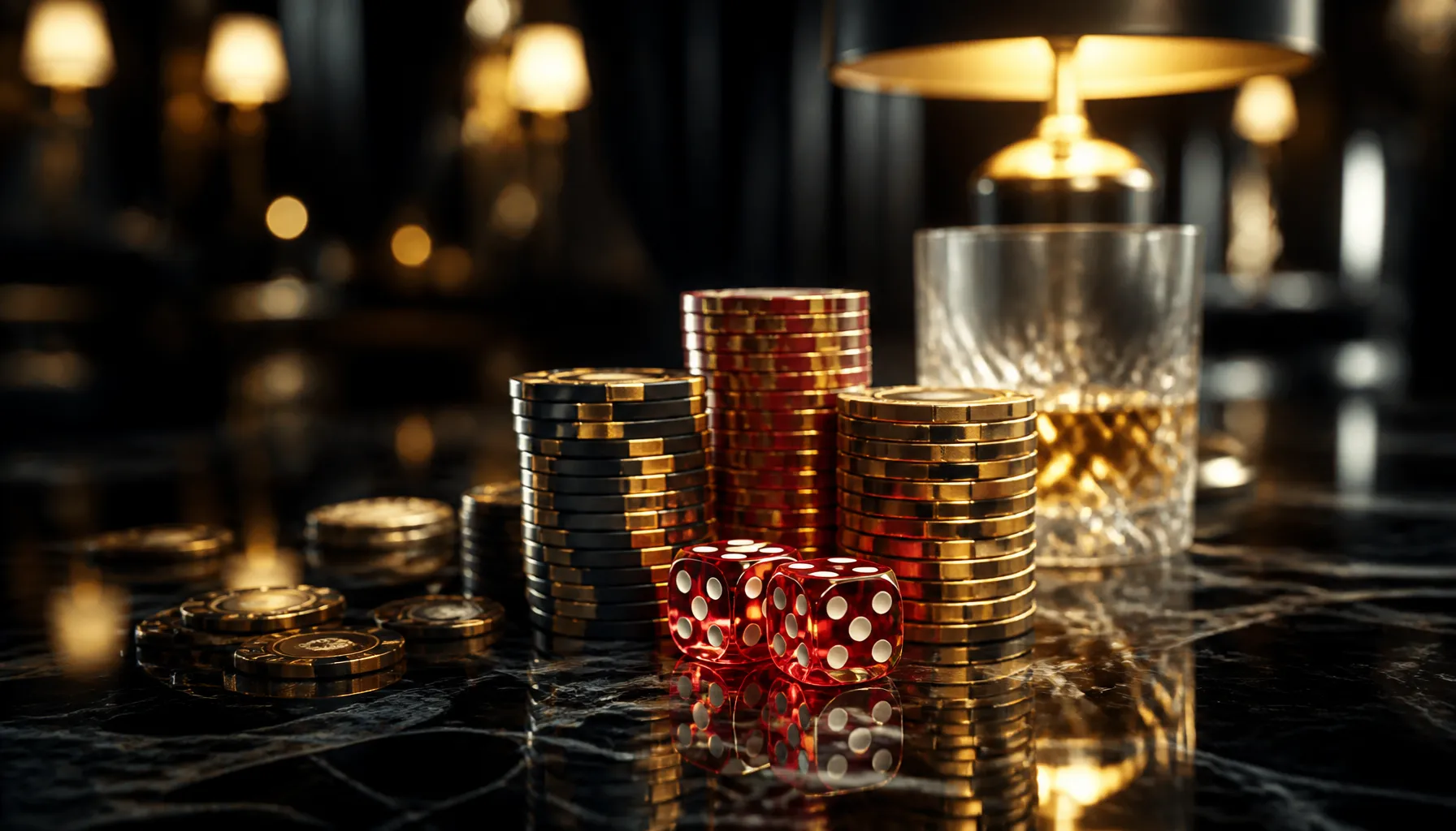 Close-up of ancient stone surface with scattered gold coins and glinting gemstones under warm cinematic light
