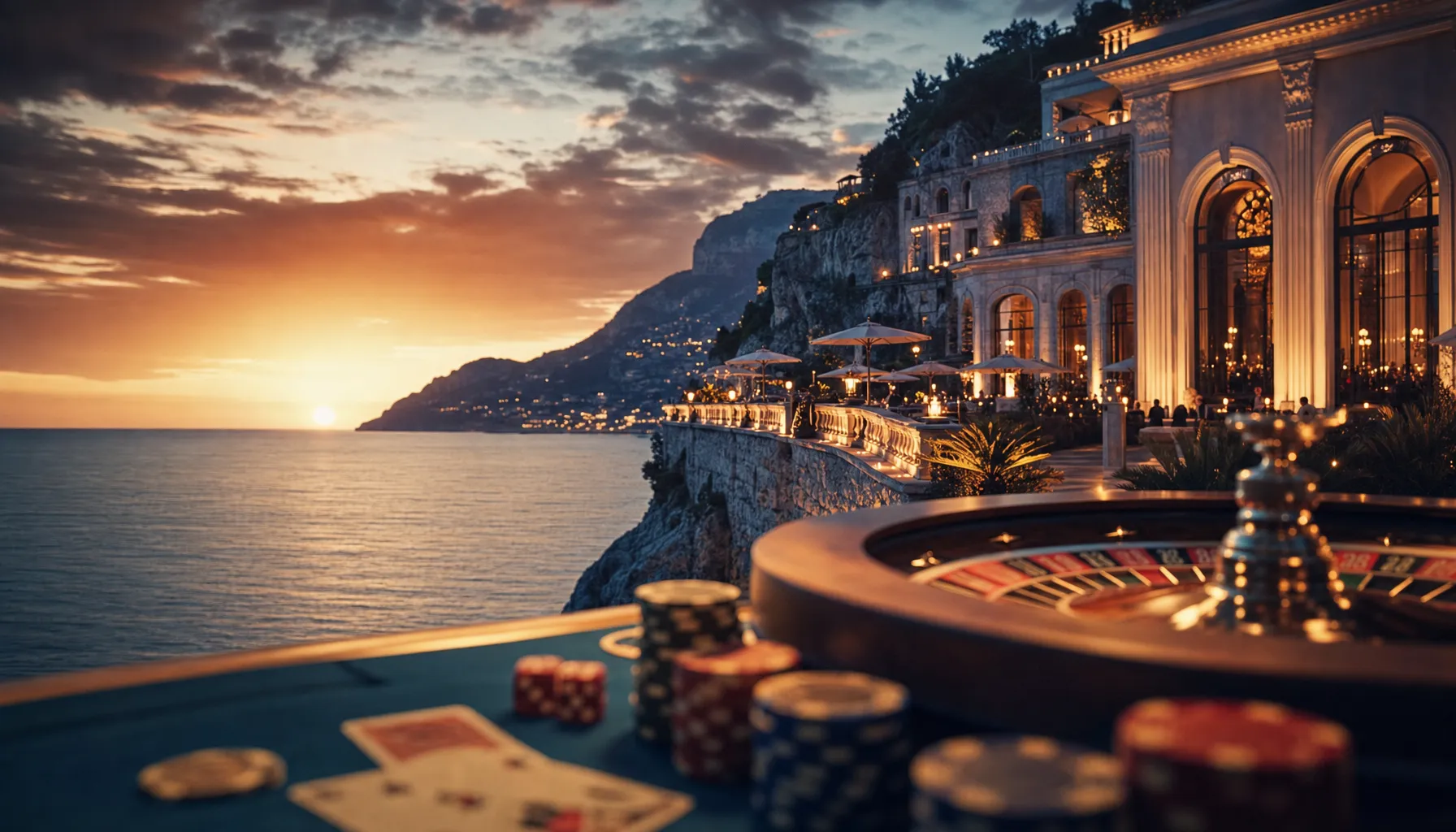 Luxurious cinematic casino scene with roulette wheel, gold chips and atmospheric warm lighting for RockySpin online casino